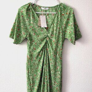 Mango Women's Green Floral Mini Crinkled Dress. V-neck Puff Sleeves Small  NWT